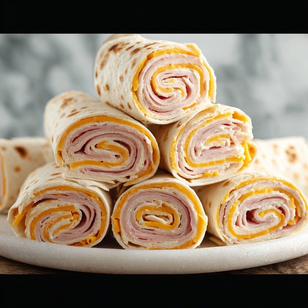 The image shows a stack of six tortilla pinwheel sandwiches arranged closely on a white plate. Each pinwheel has multiple visible layers starting with a light-colored, soft tortilla wrap on the outside, followed by a creamy white layer of spread, a thin pinkish layer of deli meat, another white spread layer, and a bright orange cheese slice inside. The pinwheels are cut evenly, showing the spiral pattern clearly. The plate is set on a white marbled surface with a soft, blurred background. photo taken with an iphone --ar 1:1 --v 7 — Ham and Cheese Ranch Tortilla Pinwheels, savory finger foods, easy party appetizers, ham and cheese roll-ups, ranch flavored snacks