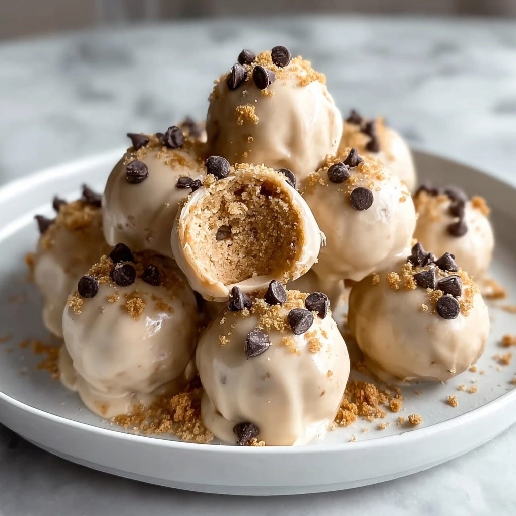 A white plate holds a pile of about eleven light brown cookie dough balls, each round and smooth with small cracks. Some balls have small chocolate chips and tiny nut pieces sprinkled on top. One ball is placed on top near the center, and it is bitten to show a soft, creamy inside texture. The plate sits on a white marbled surface, with a blurred light-colored cloth and a small glass bowl in the background. Photo taken with an iphone --ar 1:1 --v 7 — Greek Yogurt Peanut Butter Bites, healthy snack recipes, frozen treat ideas, easy no-bake snacks, nourishing sidebar bites