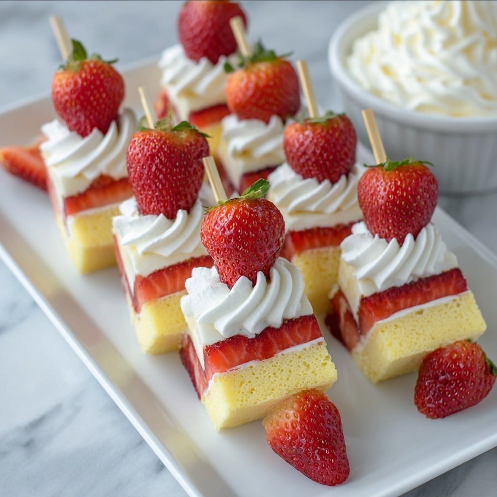 The image shows four dessert skewers on a white rectangular plate placed on a white marbled surface. Each skewer has three layers: a whole red strawberry with green leaves at the top, followed by a yellow sponge cake cube, then a slice of red strawberry, a swirl of white whipped cream, another cube of yellow sponge cake, and a slice of red strawberry. There are loose strawberries placed between the skewers on the plate. In the background, there is a white bowl filled with white whipped cream. The colors of the dessert are mostly red, yellow, and white, with soft and creamy textures visible in the whipped cream and sponge cake. photo taken with an iphone --ar 1:1 --v 7 — Strawberry Shortcake Kabobs, easy strawberry shortcake dessert, summer fruit kabobs, handheld strawberry shortcake, fruit and cake skewer