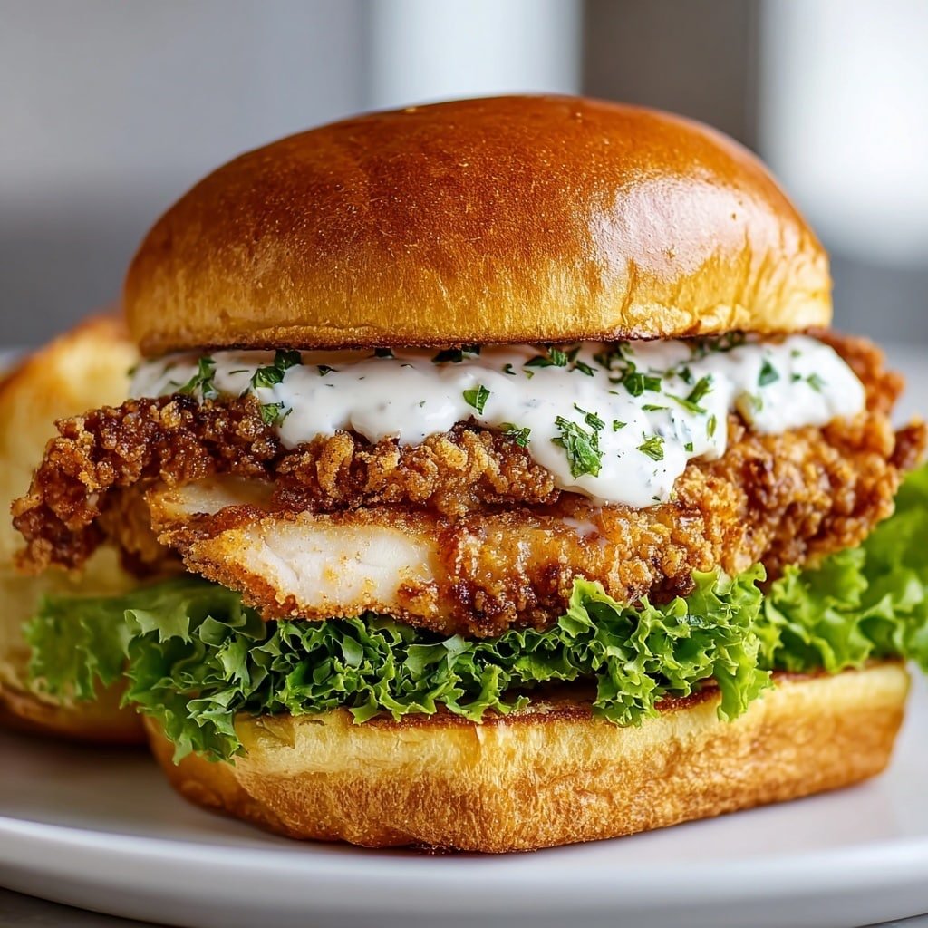 A close-up view of a sandwich with four main layers on a white plate, sitting on a white marbled surface. The bottom layer is a golden toasted bun with a soft texture, topped with fresh, curly green lettuce leaves. On top of the lettuce is a crispy fried piece of chicken with a rough, crunchy texture and a golden-brown color. Above the chicken, there is a thick layer of white creamy sauce sprinkled with small green herbs. The final layer is a shiny, soft, golden brown top bun with a slightly cracked surface. Photo taken with an iphone --ar 1:1 --v 7 — Cajun Crispy Chicken Sandwich with Garlic Aioli, Cajun chicken sandwich, crispy chicken sandwich recipe, garlic aioli sauce, spicy chicken sandwich