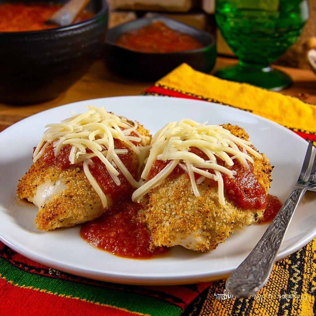 Two breaded pieces of cooked chicken are placed side by side on a white plate. Each piece is topped with a small dollop of red sauce and sprinkled with thin strips of white cheese. The chicken has a golden brown rough texture from the breading. Underneath the chicken, melted cheese is slightly visible. The plate sits on a colorful cloth with geometric patterns and is set on a table with a dark wooden texture. A fork lies on the right side of the plate, and in the background, a black bowl with red sauce and a green glass are partially visible. The photo taken with an iphone --ar 1:1 --v 7 — Chicken Chili Relleno Bake, chicken chili casserole, baked chili relleno with chicken, cheesy chili chicken bake, spicy chili relleno casserole