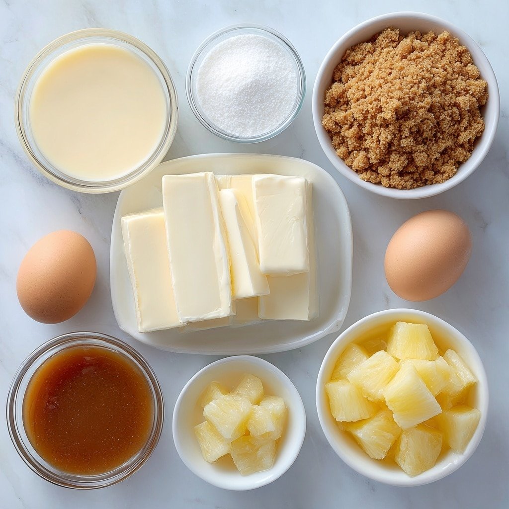 Flat lay of a small mound of golden graham cracker crumbs, a small white bowl of melted butter with a smooth glossy surface, two blocks of creamy white cream cheese, a small white bowl filled with granulated white sugar crystals, two whole uncracked brown eggs, a small white bowl of clear vanilla extract, a small white bowl with bright yellow pineapple chunks glistening with juice, and a small white bowl filled with rich amber caramel sauce, all arranged symmetrically and balanced on a clean white marble surface, soft natural light, photo taken with an iPhone, professional food photography style, fresh ingredients, white ceramic bowls, no bottles, no duplicates, no utensils, no packaging --ar 1:1 --v 7 --p m7354639359234015250 — Mini Pineapple Upside-Down Cheesecake, pineapple upside-down cheesecake, mini cheesecake recipes, tropical dessert ideas, easy cheesecake treats