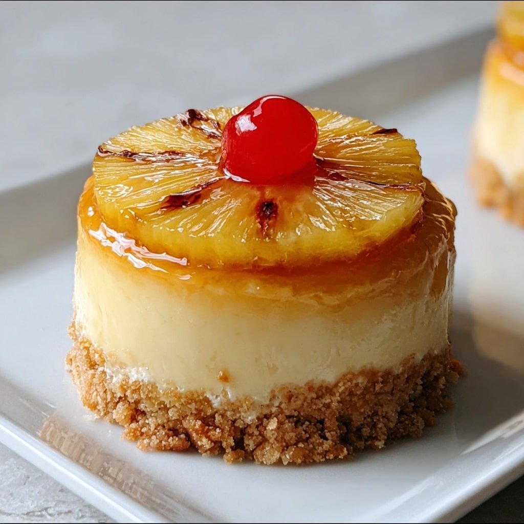 The image shows a mini pineapple cheesecake on a white plate placed on a white marbled surface. The dessert has three clear layers: the bottom layer is a rough-textured, light brown biscuit crust; the middle layer is a smooth, creamy pale yellow cheesecake; the top layer is a shiny, caramelized pineapple slice with a small dollop of bright red strawberry jam in the center. The image is focused closely on the dessert with blurred background details. Photo taken with an iphone --ar 1:1 --v 7 — Mini Pineapple Upside-Down Cheesecake, pineapple upside-down cheesecake, mini cheesecake recipes, tropical dessert ideas, easy cheesecake treats