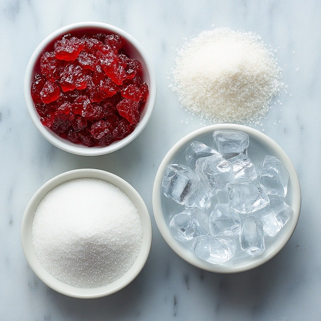 Flat lay of a small white bowl of clear cold water, a vibrant pile of bright red Kool-Aid powder, a small white bowl filled with sparkling white granulated sugar, and a crisp heap of glistening ice cubes, all arranged symmetrically in realistic proportions on a clean white marble surface, soft natural light, photo taken with an iPhone, professional food photography style, fresh ingredients, white ceramic bowls, no bottles, no duplicates, no utensils, no packaging --ar 1:1 --v 7 --p m7354639359234015250 — Refreshing Kool-Aid Slushie, Kool-Aid Slushie Recipe, Summer Slushie Drink, Easy Frozen Kool-Aid, Vibrant Cold Beverage
