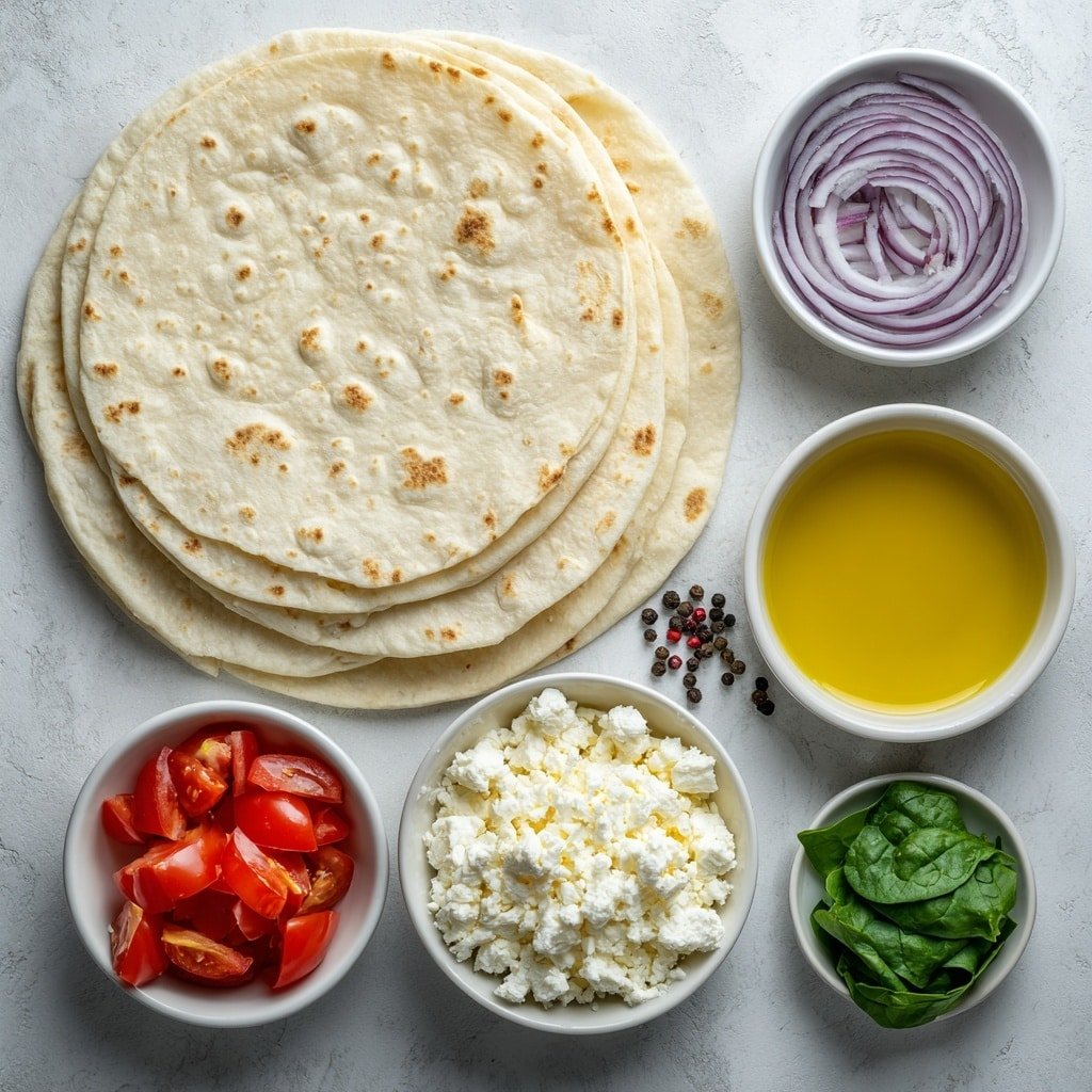 Flat lay of four whole plain flour tortillas stacked neatly, a small pile of bright chopped fresh spinach leaves, a small white bowl with shredded creamy mozzarella cheese, a small white bowl with crumbly white feta cheese, one small ripe red tomato diced into cubes, thinly sliced vibrant purple-red rings of red onion arranged in a small pile, a small white bowl filled with golden olive oil, and a few whole black peppercorns scattered beside the bowls, all arranged with perfect symmetry on a clean white marble surface, soft natural light, photo taken with an iPhone, professional food photography style, fresh ingredients, white ceramic bowls, no bottles, no duplicates, no utensils, no packaging --ar 1:1 --v 7 --p m7354639359234015250 — Mediterranean Spinach and Feta Quesadillas, healthy quesadilla recipes, easy vegetarian dinner, quick weeknight meals, flavorful cheese and vegetable quesadillas