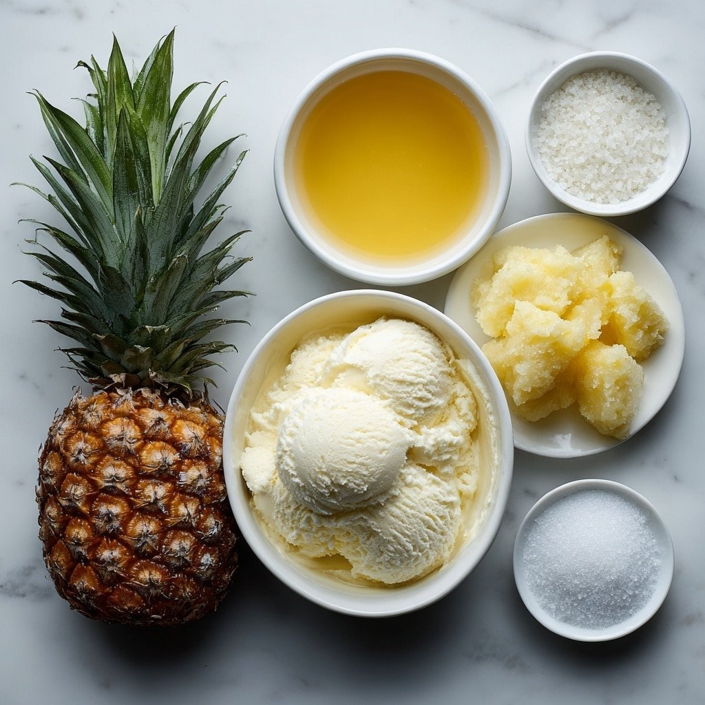 Flat lay of a small white bowl filled with bright golden pineapple juice, a generous scoop of creamy vanilla ice cream resting in a simple white dish, a neat pile of fresh frozen pineapple chunks arranged on a white ceramic plate, a small white bowl containing fine white sugar crystals, a tiny white bowl holding a splash of fresh lemon juice, and a pinch of salt elegantly displayed in a separate small white bowl, all ingredients fresh and natural, perfectly balanced and symmetrical, placed on a clean white marble surface, soft natural light, photo taken with an iPhone, professional food photography style, fresh ingredients, white ceramic bowls, no bottles, no duplicates, no utensils, no packaging --ar 1:1 --v 7 --p m7354639359234015250 — Dole Pineapple Whip, Pineapple Whip Copycat, Homemade Pineapple Dessert, Tropical Frozen Treat, Easy Pineapple Smoothie