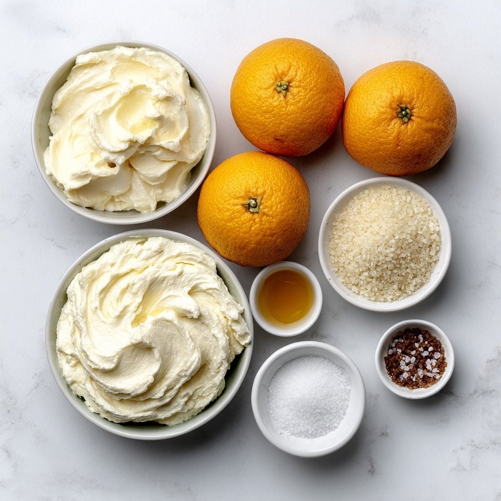 Flat lay of a small white ceramic bowl filled with thick heavy whipping cream, a small white ceramic bowl of creamy whole milk, three bright fresh whole oranges arranged neatly, a small white ceramic bowl with fine white sugar granules, a small white ceramic bowl containing clear orange extract liquid, a small white ceramic bowl with pale vanilla extract liquid, and a tiny pinch of coarse salt crystals placed artfully, all arranged symmetrically on a clean white marble surface, soft natural light, photo taken with an iPhone, professional food photography style, fresh ingredients, white ceramic bowls, no bottles, no duplicates, no utensils, no packaging --ar 1:1 --v 7 --p m7354639359234015250 — Homemade Orange Ice Cream, orange ice cream recipe, citrus ice cream, homemade frozen dessert, easy orange ice cream