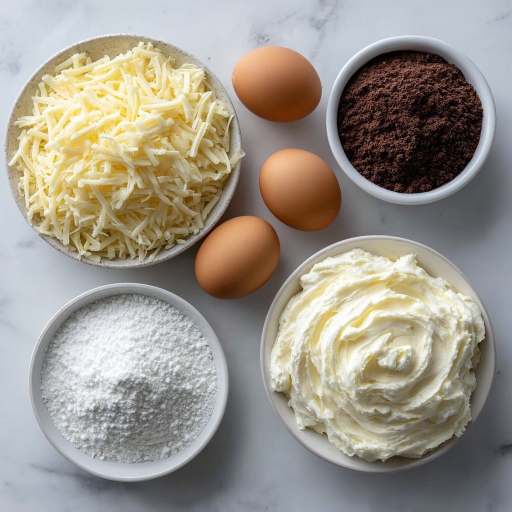 Flat lay of shredded mozzarella cheese in a small pile, two whole large brown eggs with clean shells, a small white bowl filled with fine white confectioners sugar substitute, a small white bowl of deep dark unsweetened black cocoa powder, a smooth dollop of softened cream cheese on a white ceramic plate, a small white bowl of thick heavy whipping cream, topped with a small white bowl holding extra confectioners sugar substitute placed in perfect symmetry, placed on a clean white marble surface, soft natural light, photo taken with an iPhone, professional food photography style, fresh ingredients, white ceramic bowls, no bottles, no duplicates, no utensils, no packaging --ar 1:1 --v 7 --p m7354639359234015250 — Keto Oreo Chaffles, keto dessert recipes, low-carb dessert ideas, chocolate chaffles, keto breakfast snacks