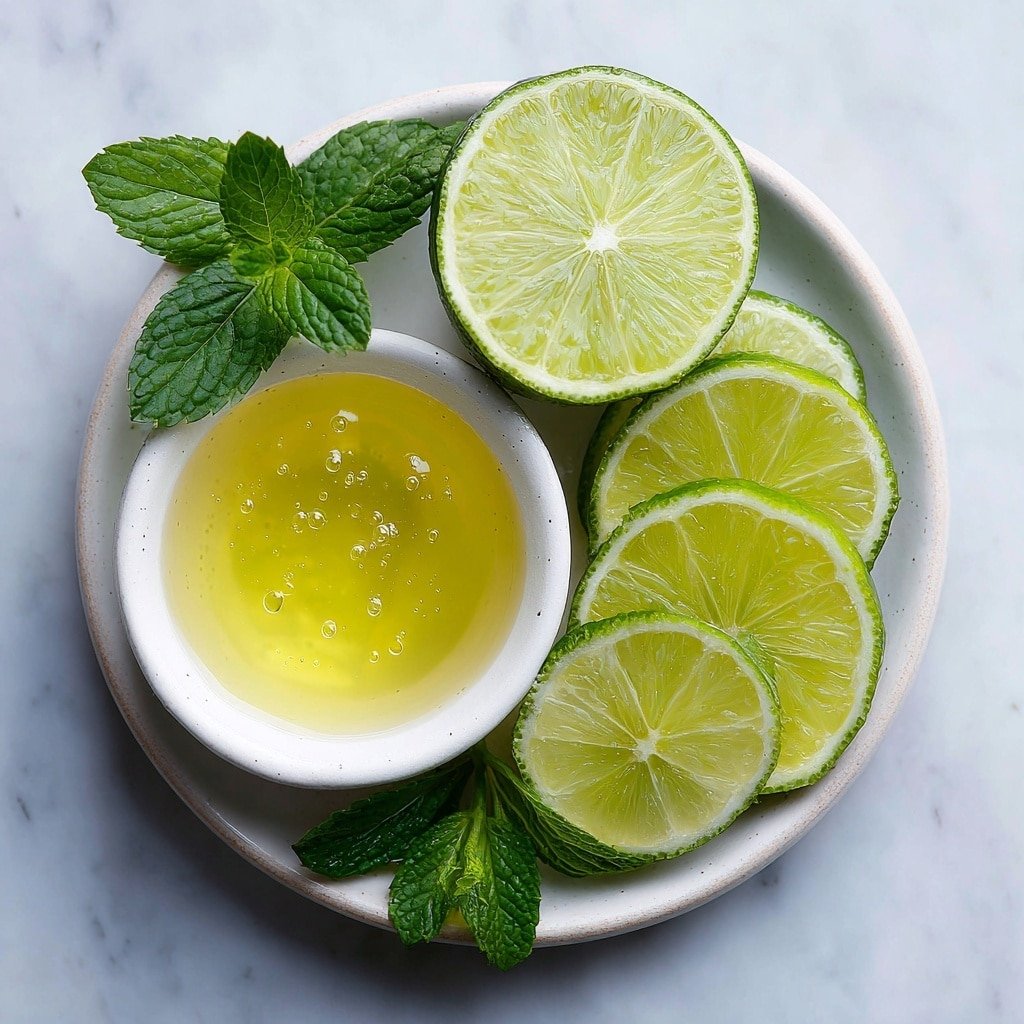 Flat lay of a small white ceramic bowl with bright green limeade concentrate, a tall clear glass filled with sparkling club soda bubbles, several thinly sliced lime rounds arranged neatly on a white ceramic plate, and two fresh mint sprigs with vibrant green leaves, all placed on a clean white marble surface, soft natural light, photo taken with an iPhone, professional food photography style, fresh ingredients, white ceramic bowls, no bottles, no duplicates, no utensils, no packaging --ar 1:1 --v 7 --p m7354639359234015250 — Sparkling Lime Mint Punch, Lime Mint Punch, Mint Party Drink, Refreshing Citrus Punch, Easy Summer Beverage