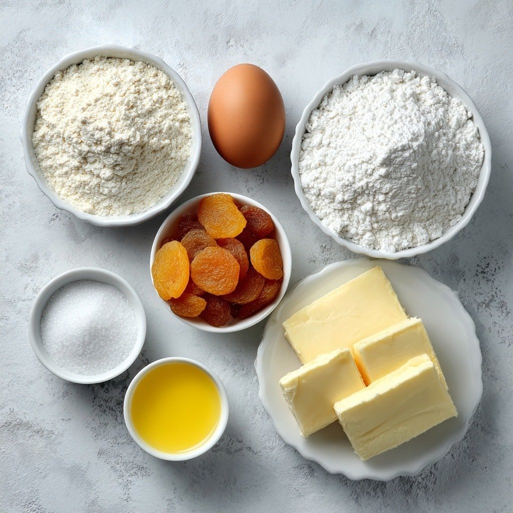 Flat lay of three small piles of pale all-purpose flour, a small mound of fine white granulated sugar, a heap of fine white baking powder powder, a small amount of fine white salt crystals, cold unsalted butter cut into thick rectangular slabs with natural creamy yellow color, one large whole brown egg with clean shell, roughly chopped vibrant orange dried apricots, a small white ceramic bowl filled with fine white granulated sugar, and a small white ceramic bowl holding fresh bright yellow lemon juice, all arranged in perfect symmetry on a clean white marble surface, soft natural light, photo taken with an iPhone, professional food photography style, fresh ingredients, white ceramic bowls, no bottles, no duplicates, no utensils, no packaging --ar 1:1 --v 7 --p m7354639359234015250 — Apricot Shortbread Bars, Apricot Shortbread Bars recipe, easy apricot bars, fruity shortbread dessert, homemade apricot bars