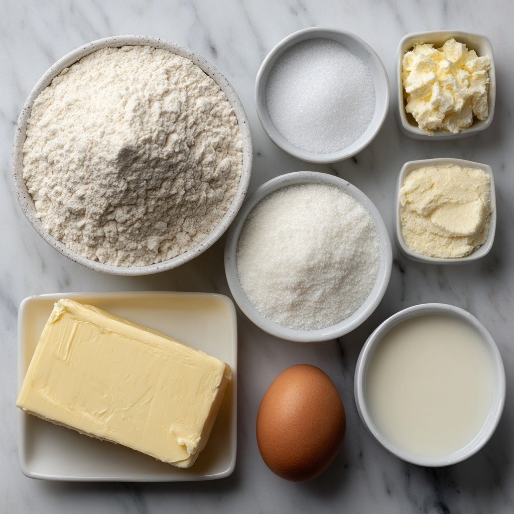 Flat lay of a small mound of all-purpose flour, a small white bowl of granulated sugar, a small white bowl of salt, a small white bowl of active dry yeast, a small white bowl of warm milk, a small white bowl of melted unsalted butter, a cold unsalted butter block shaped into a flat square, one whole uncracked brown egg, and a small white bowl of milk placed on a clean white marble surface, soft natural light, photo taken with an iPhone, professional food photography style, fresh ingredients, white ceramic bowls, no bottles, no duplicates, no utensils, no packaging --ar 1:1 --v 7 --p m7354639359234015250 — Homemade French Croissants, French Croissants Recipe, How to Make Croissants, Flaky Croissants at Home, French Pastry Baking