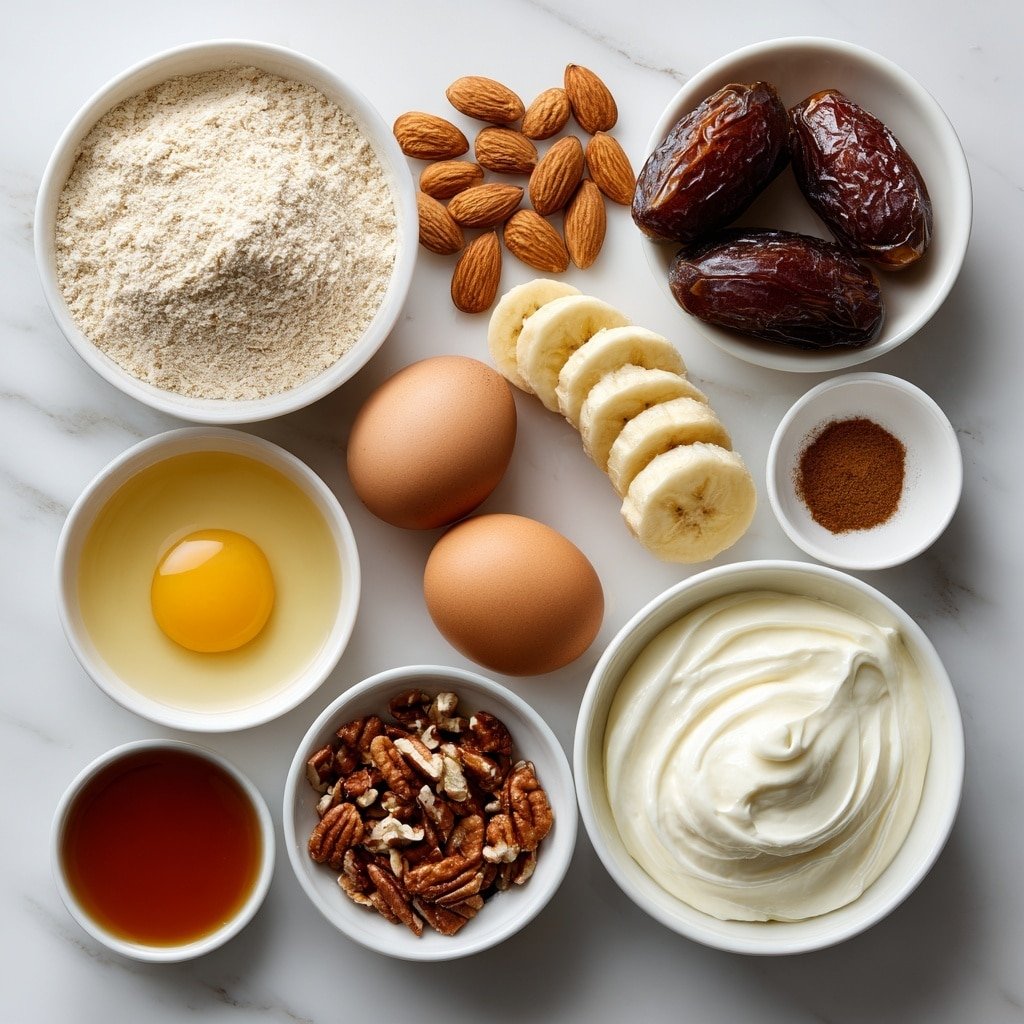 Flat lay of whole raw almonds scattered beside a small pile of fine almond flour, a few glossy pitted Medjool dates arranged neatly, a small white bowl of soft melted coconut oil, a small white bowl with ground cinnamon, a single vanilla bean pod, a pinch of coarse sea salt crystals, two whole uncracked brown eggs, two ripe, peeled bananas sliced into even rounds, a small white bowl filled with rich full-fat coconut cream, a small white bowl holding pure amber maple syrup, a small white bowl with chopped pecans, all placed on a clean white marble surface, soft natural light, photo taken with an iPhone, professional food photography style, fresh ingredients, white ceramic bowls, no bottles, no duplicates, no utensils, no packaging --ar 1:1 --v 7 --p m7354639359234015250 — Vegan Banana Cream Pie Without Bake, vegan banana dessert, no-bake vegan pie recipe, dairy-free banana cream pie, gluten-free vegan pie