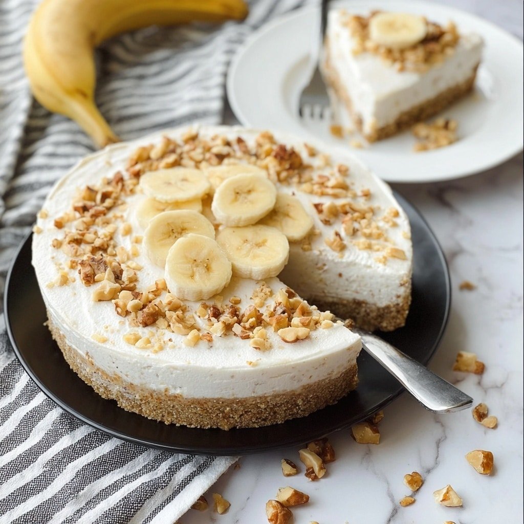 The image shows a round banana cream pie on a white plate with a thick bottom crust layer in light brown. On top is a thick, smooth white cream layer spread evenly, decorated with thin banana slices placed in the center and scattered chopped walnuts all over. A single slice of this pie is served on another white plate beside it, showing the same layers and topped with a banana slice. A silver fork rests next to the pie slice. In the background, a peeled banana and more walnut pieces are visible on a white marbled surface. photo taken with an iphone --ar 1:1 --v 7 — Vegan Banana Cream Pie Without Bake, vegan banana dessert, no-bake vegan pie recipe, dairy-free banana cream pie, gluten-free vegan pie