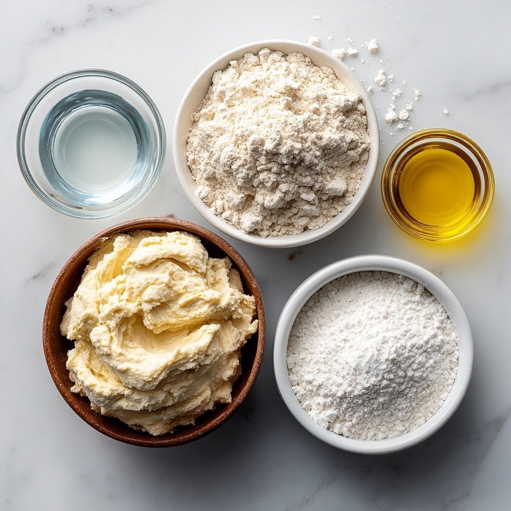 Flat lay of a small white ceramic bowl of clear water, a small white ceramic bowl with thick, creamy beige sourdough starter, a mound of fresh, powdery all-purpose flour on the white surface, a few coarse kosher salt crystals scattered lightly, a small white ceramic bowl of golden avocado oil, and a small heap of fine white baking powder, all arranged symmetrically and balanced, placed on a clean white marble surface, soft natural light, photo taken with an iPhone, professional food photography style, fresh ingredients, white ceramic bowls, no bottles, no duplicates, no utensils, no packaging --ar 1:1 --v 7 --p m7354639359234015250 — Sourdough Discard Tortillas, homemade sourdough tortillas, easy sourdough discard tortillas recipe, how to make sourdough discard tortillas, best sourdough tortillas