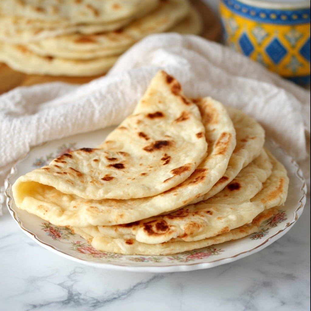 The image shows a stack of soft flatbreads on a white plate with a gentle floral pattern along the edge. There are four flatbreads in the stack, with the top three pieces folded in half and overlapping each other. Each flatbread has light golden and brown spots from cooking, giving a slightly toasted look with a smooth yet puffy texture. The plate is set on a white marbled surface, and behind it, there is a soft white cloth covering part of the plate, adding to the cozy presentation. In the background, a few more flatbreads are stacked slightly out of focus along with a yellow and blue patterned container. The overall feel is warm and inviting, perfect for homemade bread. photo taken with an iphone --ar 1:1 --v 7 — Sourdough Discard Tortillas, homemade sourdough tortillas, easy sourdough discard tortillas recipe, how to make sourdough discard tortillas, best sourdough tortillas