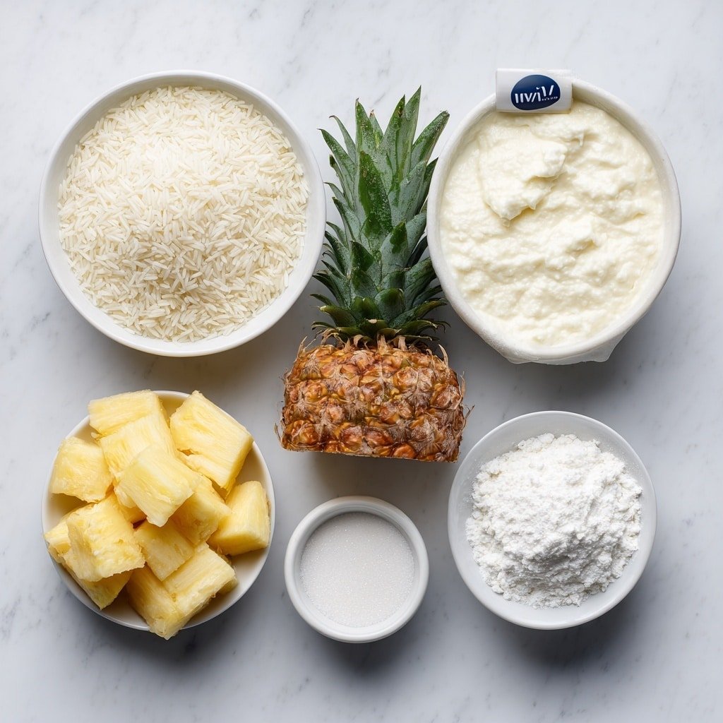Flat lay of a small white ceramic bowl of uncooked jasmine rice with delicate grains, a larger white ceramic bowl filled with creamy full-fat coconut milk, a neat pile of fresh pineapple chunks displaying vibrant yellow flesh, a small white ceramic bowl holding fine granulated sugar crystals, and another small white ceramic bowl containing clear vanilla extract, all arranged symmetrically with realistic proportions, placed on a clean white marble surface, soft natural light, photo taken with an iPhone, professional food photography style, fresh ingredients, white ceramic bowls, no bottles, no duplicates, no utensils, no packaging --ar 1:1 --v 7 --p m7354639359234015250 — Creamy Hawaiian Coconut Rice Pudding, tropical rice pudding, coconut milk dessert, easy rice pudding recipe, Hawaiian-inspired rice pudding