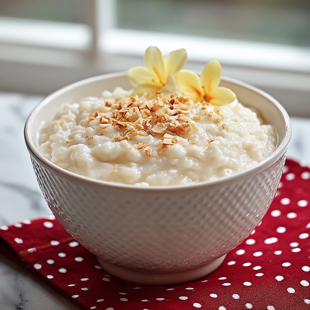 A white bowl with a textured pattern holds creamy rice pudding that forms a soft mound inside. The rice pudding is off-white with a slightly glossy, smooth texture, showing small rice grains spread evenly. On top, a sprinkle of small, toasted, light brown rice bits adds a crunchy look. Just behind this topping, delicate pale yellow flower petals rest against the rice, adding a gentle soft color contrast. The bowl sits on a red cloth with white polka dots, all placed on a clean, white marbled surface with blurred window light in the background. photo taken with an iphone --ar 1:1 --v 7 — Creamy Hawaiian Coconut Rice Pudding, tropical rice pudding, coconut milk dessert, easy rice pudding recipe, Hawaiian-inspired rice pudding