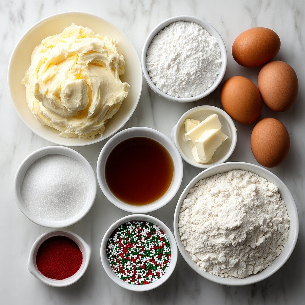 Flat lay of a small mound of pale yellow softened butter, a small white bowl filled with granulated white sugar, another small white bowl with fine white powdered sugar, two whole brown eggs with clean shells, a small white bowl of clear vanilla extract, a neat pile of off-white all-purpose flour, a tiny heap of fine baking powder, a pinch of coarse salt crystals, two small dollops of bright red and bright green gel food coloring on a simple white ceramic plate, and a small white bowl filled with festive red, green, and white nonpareils, all arranged with perfect symmetry and balanced proportions, placed on a clean white marble surface, soft natural light, photo taken with an iPhone, professional food photography style, fresh ingredients, white ceramic bowls, no bottles, no duplicates, no utensils, no packaging --ar 1:1 --v 7 --p m7354639359234015250 — Festive Christmas Pinwheel Cookies, holiday swirl cookies, holiday cookies recipe, Christmas cookie ideas, easy festive cookies
