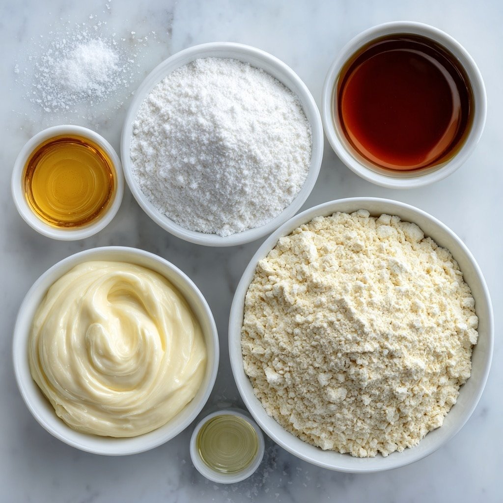 Flat lay of one small mound of fine white powdered sugar, a small white ceramic bowl filled with creamy whole milk, a small white ceramic bowl holding glossy golden corn syrup, a small white ceramic bowl with clear vanilla extract liquid, a small white ceramic bowl with clear almond extract liquid, and a small pinch of fine salt scattered delicately on the white surface, all arranged in perfect symmetry, placed on a clean white marble surface, soft natural light, photo taken with an iPhone, professional food photography style, fresh ingredients, white ceramic bowls, no bottles, no duplicates, no utensils, no packaging --ar 1:1 --v 7 --p m7354639359234015250 — Easy Glace Icing, Glace Icing with Powdered Sugar, Quick Glace Icing Recipe, Glossy Cake Glaze, Homemade Icing for Cookies and Cakes