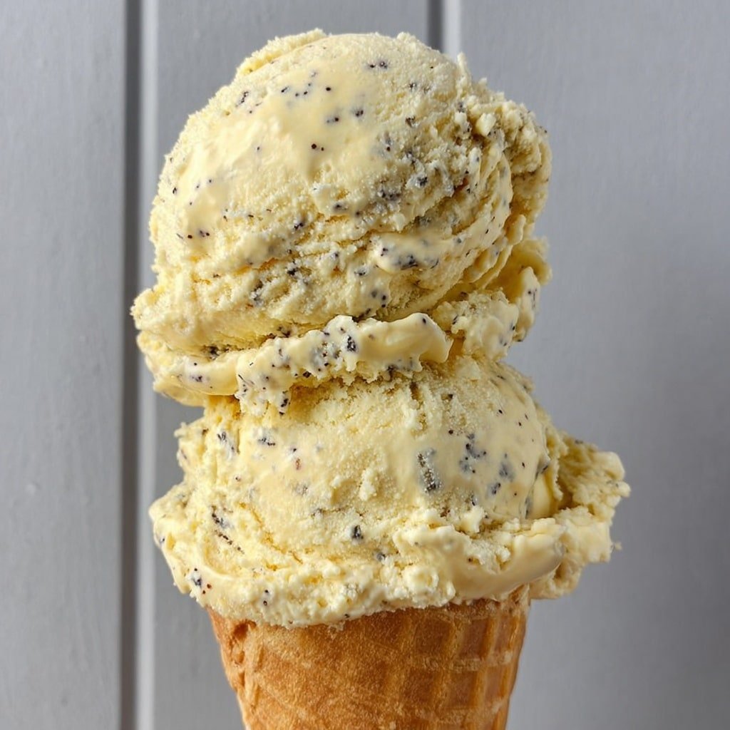 The image shows a close-up of a two-layered ice cream scoop on top of a light brown waffle cone. The ice cream is pale yellow, creamy, and has small black specks scattered throughout both layers. The scoops have a slightly rough but soft texture with some swirls and folds, stacked unevenly with the top scoop larger and more irregularly shaped than the bottom one. The background is a light gray panel with vertical lines. photo taken with an iphone --ar 1:1 --v 7 — Lemon Poppyseed Ice Cream, lemon ice cream with poppyseeds, homemade lemon poppyseed dessert, lemon zest ice cream recipe, refreshing summer lemon ice cream