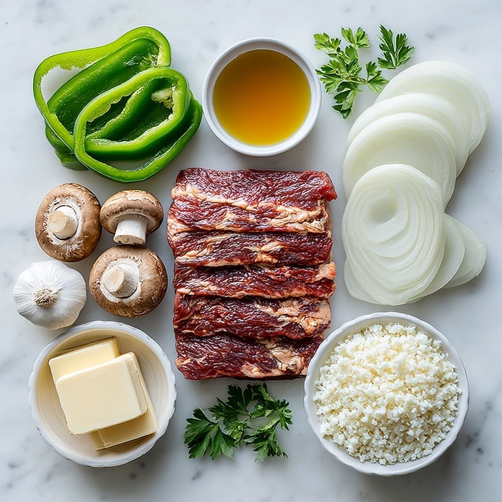 Flat lay of thinly sliced raw beef sirloin arranged neatly, a large green bell pepper sliced into strips, a large white onion sliced into rings, a small cluster of fresh baby bella mushrooms thinly sliced, two whole unpeeled garlic cloves, a small white ceramic bowl filled with olive oil, a small white ceramic bowl containing Worcestershire sauce, a few sprigs of fresh parsley, several strips of provolone cheese laid out, a small white ceramic bowl of butter, and a small white ceramic bowl with riced cauliflower showing a fluffy texture, all placed in perfect symmetry on a clean white marble surface, soft natural light, photo taken with an iPhone, professional food photography style, fresh ingredients, white ceramic bowls, no bottles, no duplicates, no utensils, no packaging --ar 1:1 --v 7 --p m7354639359234015250 — Low Carb Philly Cheesesteak Bowls, Philly Cheesesteak Bowl, keto Cheesesteak bowl, healthy Philly cheesesteak, low carb sandwich alternative