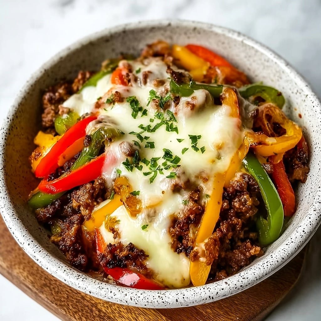 The dish is served in a white speckled bowl placed on a wooden board over a white marbled surface. Inside the bowl, the bottom layer is dark brown cooked ground meat with a crumbly texture. On top of this, there are mixed bell pepper strips in bright red, green, and yellow, adding vibrant color and a slight crunch. The top layer is melted white cheese dripping slightly over the peppers and meat, with small green herb pieces sprinkled on the cheese for garnish. Photo taken with an iphone --ar 1:1 --v 7 — Low Carb Philly Cheesesteak Bowls, Philly Cheesesteak Bowl, keto Cheesesteak bowl, healthy Philly cheesesteak, low carb sandwich alternative