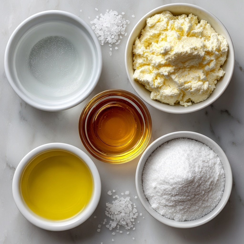 Flat lay of a small white ceramic bowl of clear water, another small white ceramic bowl with a smaller amount of water, a small white ceramic bowl filled with golden maple syrup, a small white ceramic bowl holding fine white unflavored gelatin powder, and a tiny pinch of coarse sea salt crystals arranged neatly beside the bowls, all placed on a clean white marble surface, soft natural light, photo taken with an iPhone, professional food photography style, fresh ingredients, white ceramic bowls, no bottles, no duplicates, no utensils, no packaging --ar 1:1 --v 7 --p m7354639359234015250 — Homemade Marshmallows with Maple Syrup, marshmallow recipe with maple syrup, fluffy homemade marshmallows, cozy fall treats, homemade sweet treats
