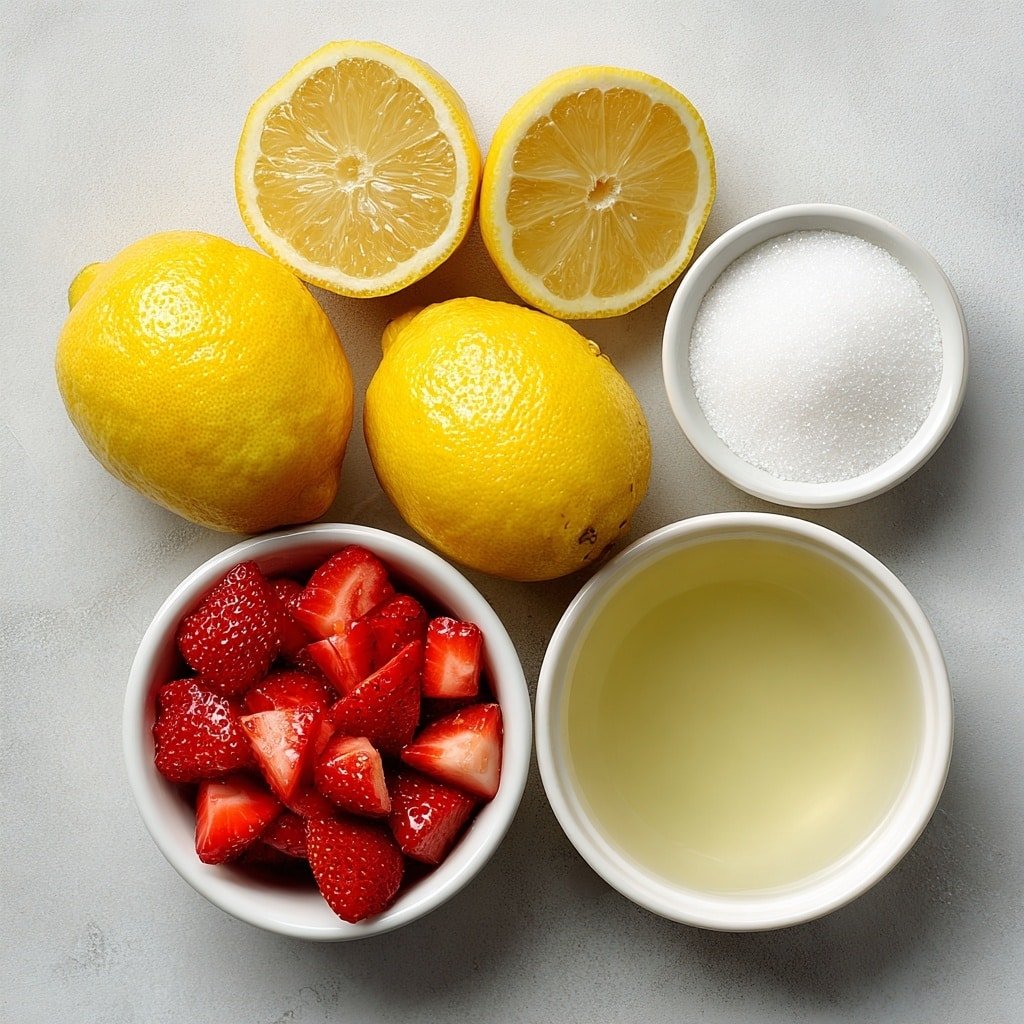 Flat lay of fresh whole lemons sliced into bright yellow wedges, a small white bowl filled with glistening diced ripe strawberries, a small white bowl containing sparkling clear lemonade liquid, and a small white bowl holding fine white granulated sugar, all arranged symmetrically and balanced on a clean white marble surface, soft natural light, photo taken with an iPhone, professional food photography style, fresh ingredients, white ceramic bowls, no bottles, no duplicates, no utensils, no packaging --ar 1:1 --v 7 --p m7354639359234015250 — Refreshing Strawberry Lemonade Popsicles, strawberry lemonade popsicles, homemade popsicles with strawberries and lemonade, summer fruit popsicles, easy popsicle recipes