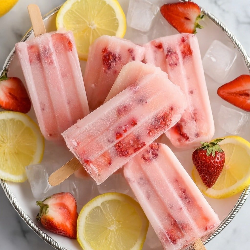 The image shows six frozen popsicles with light pink color and visible pieces of red strawberries inside each one. They are placed on a bed of crushed ice inside a shiny white plate with a silver edge. Around the plate, there are bright yellow lemon slices and whole red strawberries, some cut in half. The background is a white marbled surface, and there is a pink and white striped cloth partially visible to the side. photo taken with an iphone --ar 1:1 --v 7 — Refreshing Strawberry Lemonade Popsicles, strawberry lemonade popsicles, homemade popsicles with strawberries and lemonade, summer fruit popsicles, easy popsicle recipes