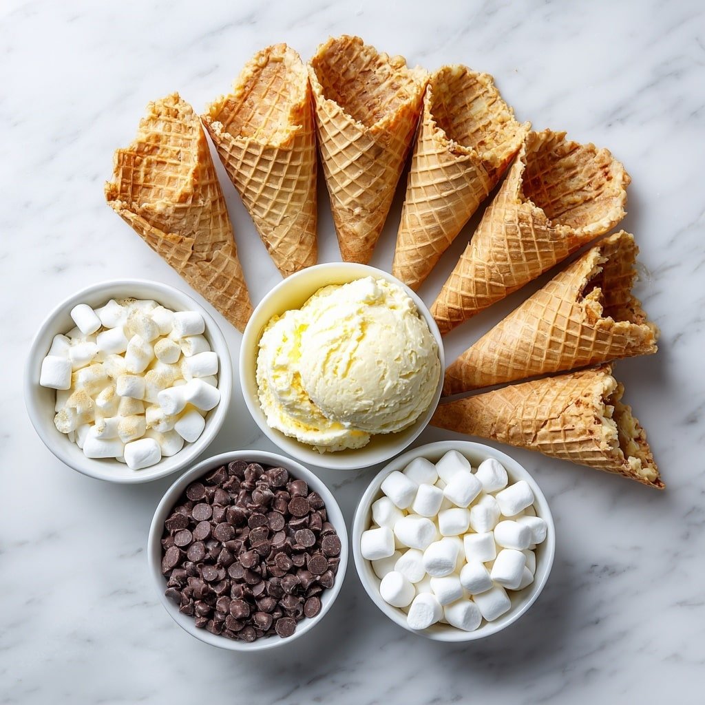 Flat lay of twelve crisp waffle cones arranged in a circle, a small pile of smooth, shiny dark chocolate chips in a simple white ceramic bowl, a small white bowl filled with fluffy, fresh mini marshmallows, all placed on a clean white marble surface, soft natural light, photo taken with an iPhone, professional food photography style, fresh ingredients, white ceramic bowls, no bottles, no duplicates, no utensils, no packaging --ar 1:1 --v 7 --p m7354639359234015250 — S'mores Cone Recipe, easy s'mores cones, campfire dessert ideas, chocolate marshmallow cones, fun dessert for gatherings