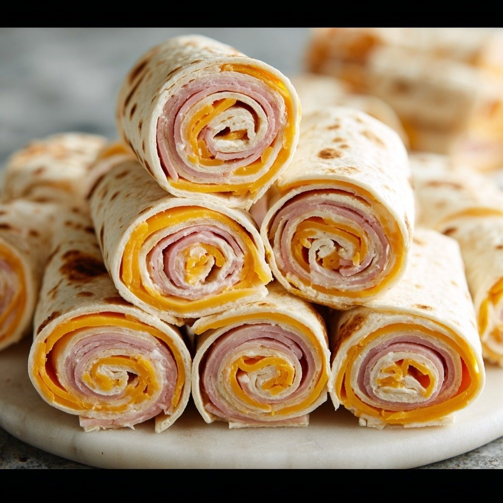 The image shows a stack of seven rolled wraps arranged closely together on a round white plate. Each wrap is made from a light beige tortilla with small brown spots, and inside, there are visible layers of bright orange cheese, pale pink deli meat, and creamy white spread tightly rolled in a spiral pattern. The wraps are positioned on a white marbled surface, and the focus is sharp on the front rolls, showing the detailed texture of the soft tortillas and smooth layers inside. Photo taken with an iphone --ar 1:1 --v 7 — Ham and Cheese Ranch Tortilla Pinwheels, savory finger foods, easy party appetizers, ham and cheese roll-ups, ranch flavored snacks