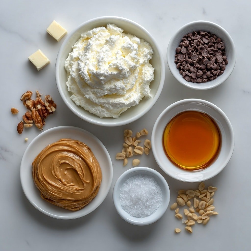 Flat lay of a small white ceramic bowl filled with thick, creamy plain Greek yogurt, a dollop of smooth, natural creamy peanut butter on a white plate, a small white bowl holding rich amber maple syrup, a tiny white bowl with clear vanilla extract, a small white dish sprinkled with mini dark chocolate chips, a few scattered chopped peanuts on a white surface, and a small white bowl with flaky sea salt crystals, all arranged symmetrically, fresh and natural, placed on a clean white marble surface, soft natural light, photo taken with an iPhone, professional food photography style, fresh ingredients, white ceramic bowls, no bottles, no duplicates, no utensils, no packaging --ar 1:1 --v 7 --p m7354639359234015250 — Greek Yogurt Peanut Butter Bites, healthy snack recipes, frozen treat ideas, easy no-bake snacks, nourishing sidebar bites