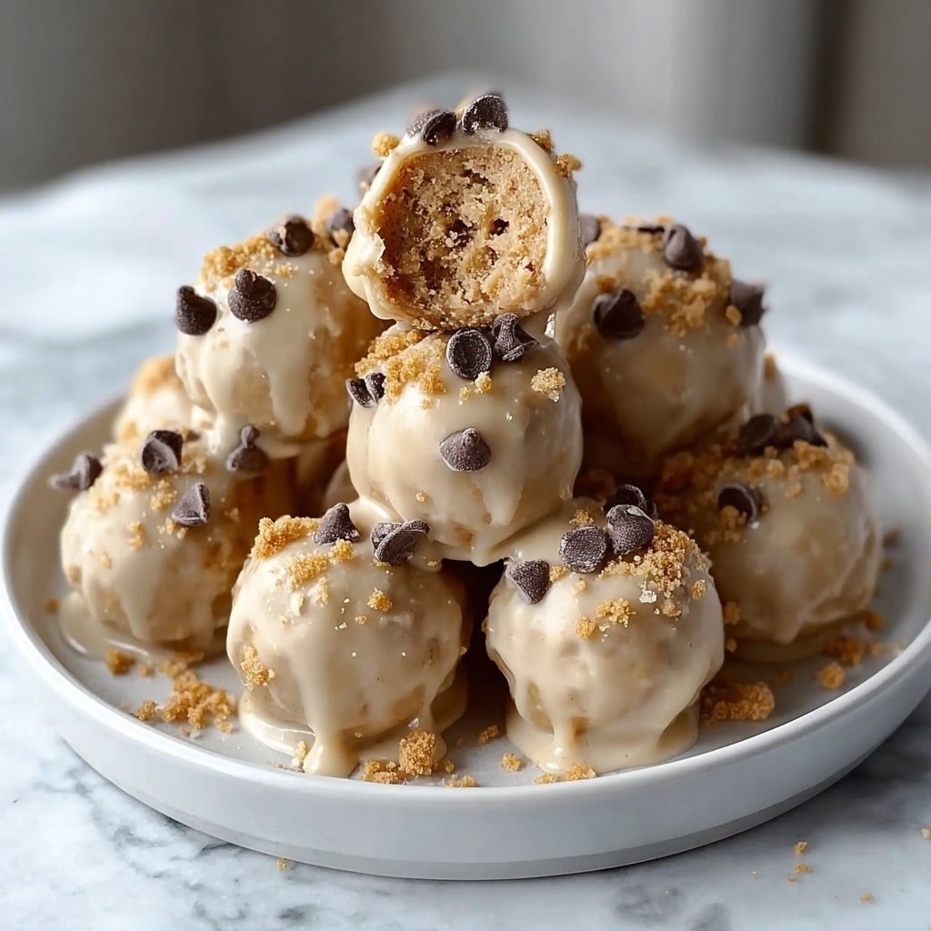 A white plate holds a pile of round dessert balls, about ten in total, each coated in a smooth, creamy light tan glaze. The balls have a thick texture, and one in the middle is bitten, revealing a dense, light brown inside. Each ball is topped with small, dark brown chocolate chips and sprinkled with crunchy light brown crumbs. The plate sits on a white marbled surface with a soft, blurred background, giving focus to the shiny, slightly dripping glaze on the balls. photo taken with an iphone --ar 1:1 --v 7 — Greek Yogurt Peanut Butter Bites, healthy snack recipes, frozen treat ideas, easy no-bake snacks, nourishing sidebar bites