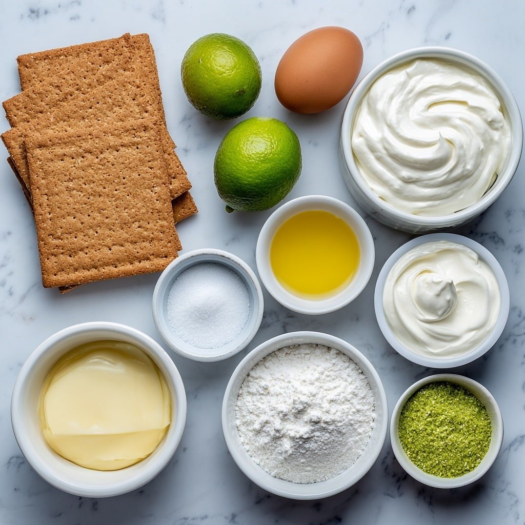 Flat lay of a small pile of whole graham cracker sheets, a small white ceramic bowl of golden melted butter, two whole brown eggs with clean shells, two whole fresh key limes alongside a small white bowl of vibrant green key lime zest, a small white bowl filled with thick pale yellow sweetened condensed milk, a small white bowl of smooth sour cream, a small white bowl of translucent key lime juice, a small white bowl of clear vanilla extract, a small white bowl of chilled heavy cream, and a small white bowl of fine white granulated sugar, all arranged symmetrically on a clean white marble surface, soft natural light, photo taken with an iPhone, professional food photography style, fresh ingredients, white ceramic bowls, no bottles, no duplicates, no utensils, no packaging --ar 1:1 --v 7 --p m7354639359234015250 — Key Lime Pie Bars, Key Lime Pie Bars recipe, citrus dessert bars, easy lime bar recipe, summer dessert bars