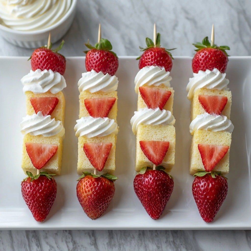 The image shows five skewers arranged neatly on a white rectangular plate placed on a white marbled surface. Each skewer has four layers: from top to bottom, a whole red strawberry with green leaves, a yellow cake cube, a half slice of red strawberry, and a swirl of white whipped cream placed on another yellow cake cube. At the base of each skewer, one whole red strawberry is placed on the plate. In the background, a white bowl filled with swirled white whipped cream can be seen, slightly out of focus. photo taken with an iphone --ar 1:1 --v 7 — Strawberry Shortcake Kabobs, easy strawberry shortcake dessert, summer fruit kabobs, handheld strawberry shortcake, fruit and cake skewer