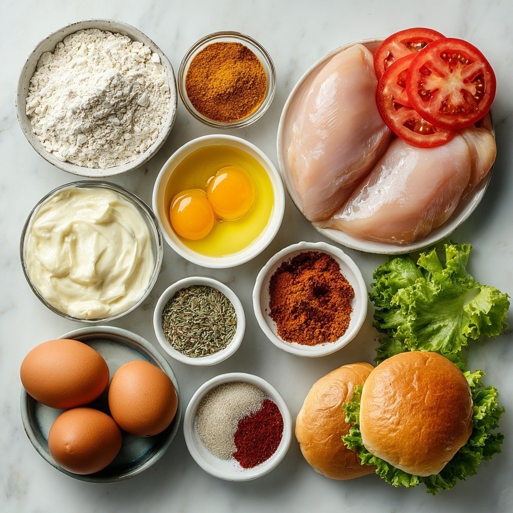 Flat lay of two boneless, skinless chicken breasts, a small bowl of buttermilk, a small bowl of all-purpose flour, a small bowl of bright red paprika powder, a small bowl of deep orange Cajun seasoning, a small bowl of garlic powder, a small bowl of onion powder, a small bowl of salt, a small bowl of black pepper, a small bowl of vegetable oil, a small white bowl of creamy mayonnaise, two whole uncracked brown eggs, two garlic cloves, a small white bowl of fresh lemon juice, four glossy brioche buns, a few crisp romaine lettuce leaves, and a few thick slices of ripe red tomato all arranged symmetrically with balanced proportions on simple white ceramic bowls, placed on a clean white marble surface, soft natural light, photo taken with an iPhone, professional food photography style, fresh ingredients, white ceramic bowls, no bottles, no duplicates, no utensils, no packaging --ar 1:1 --v 7 --p m7354639359234015250 — Cajun Crispy Chicken Sandwich with Garlic Aioli, Cajun chicken sandwich, crispy chicken sandwich recipe, garlic aioli sauce, spicy chicken sandwich
