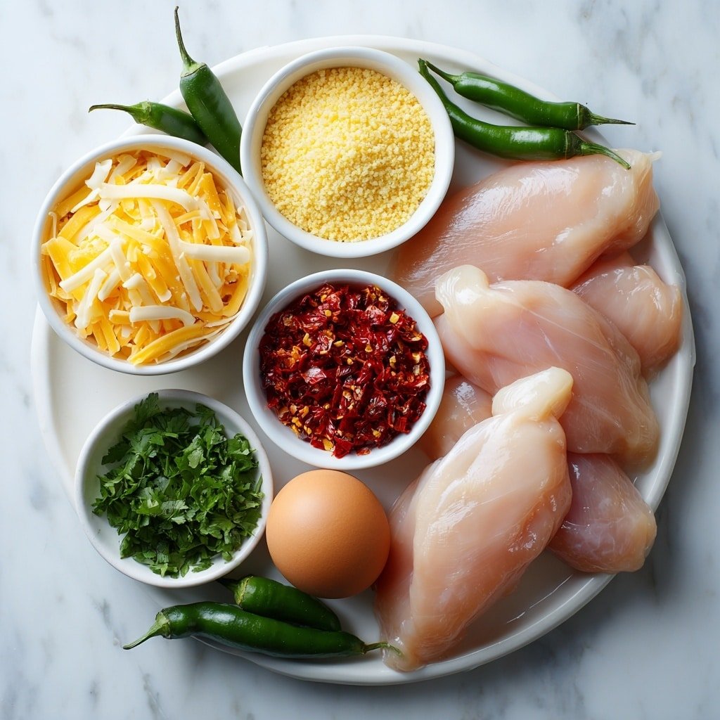 Flat lay of six raw skinless, boneless chicken breasts arranged neatly, a small white bowl filled with golden cornmeal, a single whole brown egg with a clean shell, several fresh whole green chilies with smooth green skin, thin strips of creamy Monterey Jack cheese, a small white bowl containing bright red crushed red pepper flakes, a small white bowl of vibrant chopped fresh cilantro leaves, and a small white bowl holding shredded Jack cheese, all placed in balanced symmetry on a clean white ceramic surface, placed on a clean white marble surface, soft natural light, photo taken with an iPhone, professional food photography style, fresh ingredients, white ceramic bowls, no bottles, no duplicates, no utensils, no packaging --ar 1:1 --v 7 --p m7354639359234015250 — Chicken Chili Relleno Bake, chicken chili casserole, baked chili relleno with chicken, cheesy chili chicken bake, spicy chili relleno casserole
