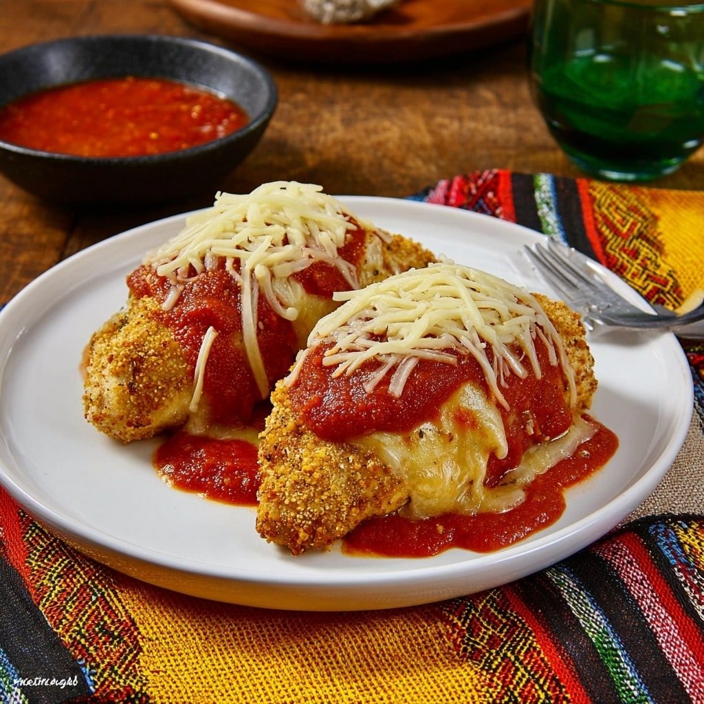 Two pieces of golden brown baked chicken sit side by side on a white plate. Each piece is topped with a layer of red sauce and thin strands of shredded white cheese. The chicken has a crispy, crumb coating with a slightly uneven texture. The plate rests on a colorful yellow, red, and green patterned cloth, with a silver fork on the right side. In the background, there is a black bowl with red sauce and a part of a green glass visible on a dark wooden surface. The overall setting is bright and warm. Photo taken with an iphone --ar 1:1 --v 7 — Chicken Chili Relleno Bake, chicken chili casserole, baked chili relleno with chicken, cheesy chili chicken bake, spicy chili relleno casserole
