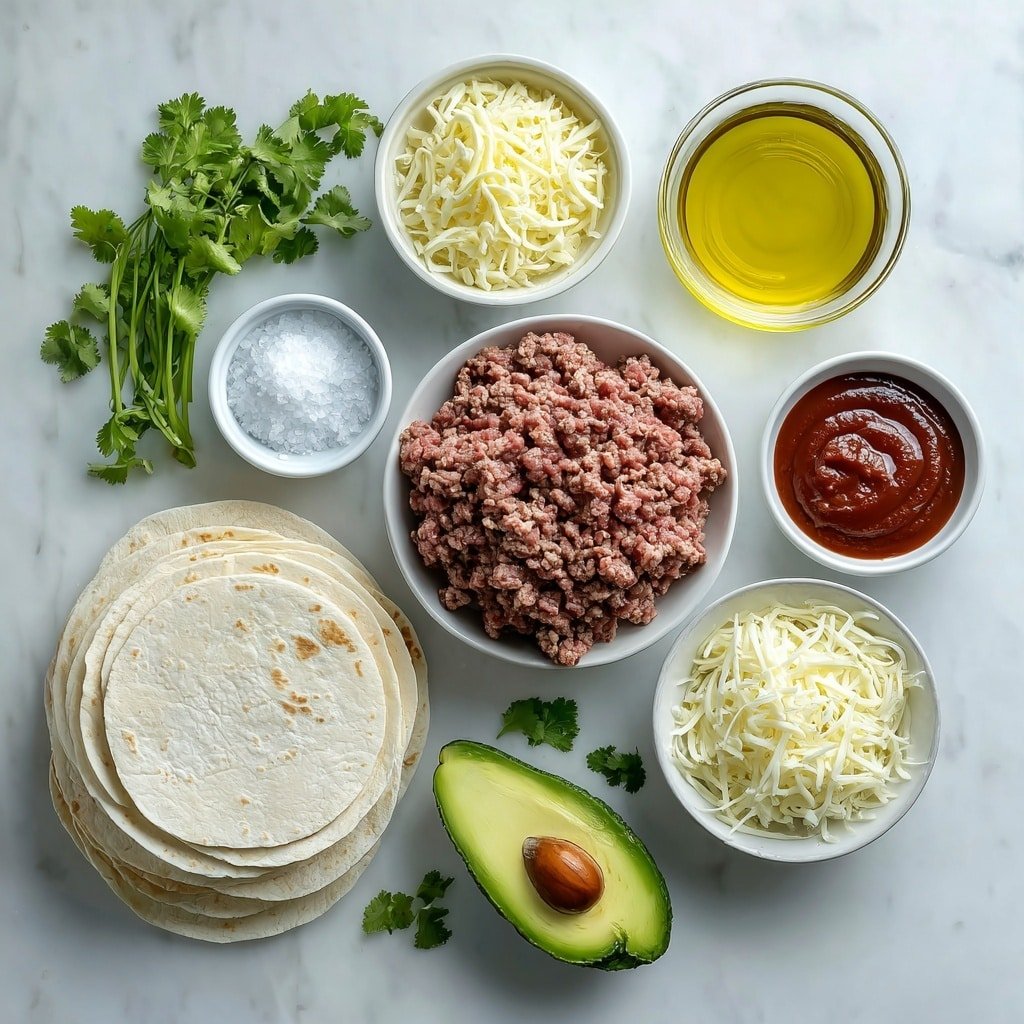 Flat lay of a small mound of raw ground beef, a small white bowl of finely chopped yellow onion, a small white bowl with deep red tomato paste, a small white bowl of clear water, a small white bowl of fine salt crystals, a neat stack of soft white flour tortillas, a small pile of shredded mozzarella cheese, a small white bowl of golden avocado oil, and a few fresh bright green cilantro sprigs, all arranged in perfect symmetry on a clean white ceramic surface placed on a clean white marble surface, soft natural light, photo taken with an iPhone, professional food photography style, fresh ingredients, white ceramic bowls, no bottles, no duplicates, no utensils, no packaging --ar 1:1 --v 7 --p m7354639359234015250 — Crispy Ground Beef Tacos, easy taco recipes, flavorful ground beef tacos, homemade taco dinner, crispy taco shells