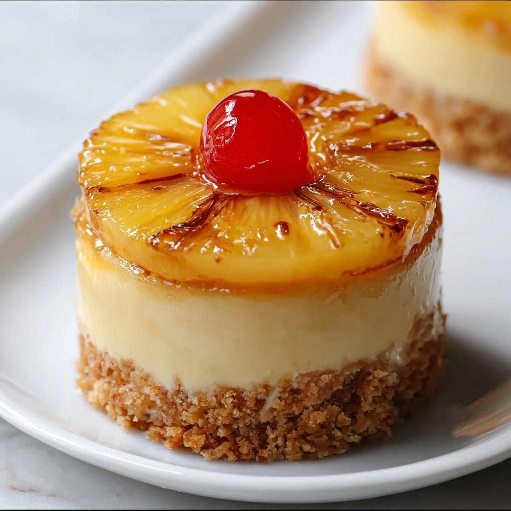 A small round cake with three clear layers sits on a white plate over a white marbled texture. The bottom layer is crumbly and light brown, looking like crushed biscuits. The middle layer is pale yellow, smooth, and creamy, making up the thickest part. On top is a glossy pineapple slice, golden yellow with caramel spots, covered with a shiny glaze. A bright red glazed cherry is placed in the center of the pineapple slice. The cake looks moist and shiny, with a soft light falling on it. photo taken with an iphone --ar 1:1 --v 7 — Mini Pineapple Upside-Down Cheesecake, pineapple upside-down cheesecake, mini cheesecake recipes, tropical dessert ideas, easy cheesecake treats