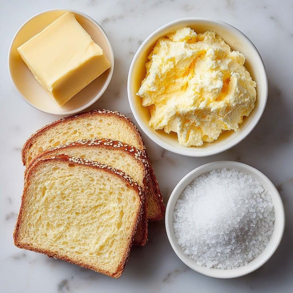 Flat lay of four fresh slices of sesame bread, a small white ceramic bowl with softened unsalted butter, a small white ceramic bowl containing garlic salt crystals, all arranged with perfect symmetry, placed on a clean white marble surface, soft natural light, photo taken with an iPhone, professional food photography style, fresh ingredients, white ceramic bowls, no bottles, no duplicates, no utensils, no packaging --ar 1:1 --v 7 --p m7354639359234015250 — Garlic Butter Seared BBQ Sesame Bread, easy bread recipes, flavorful bread recipes, quick bread ideas, sesame bread with garlic butter