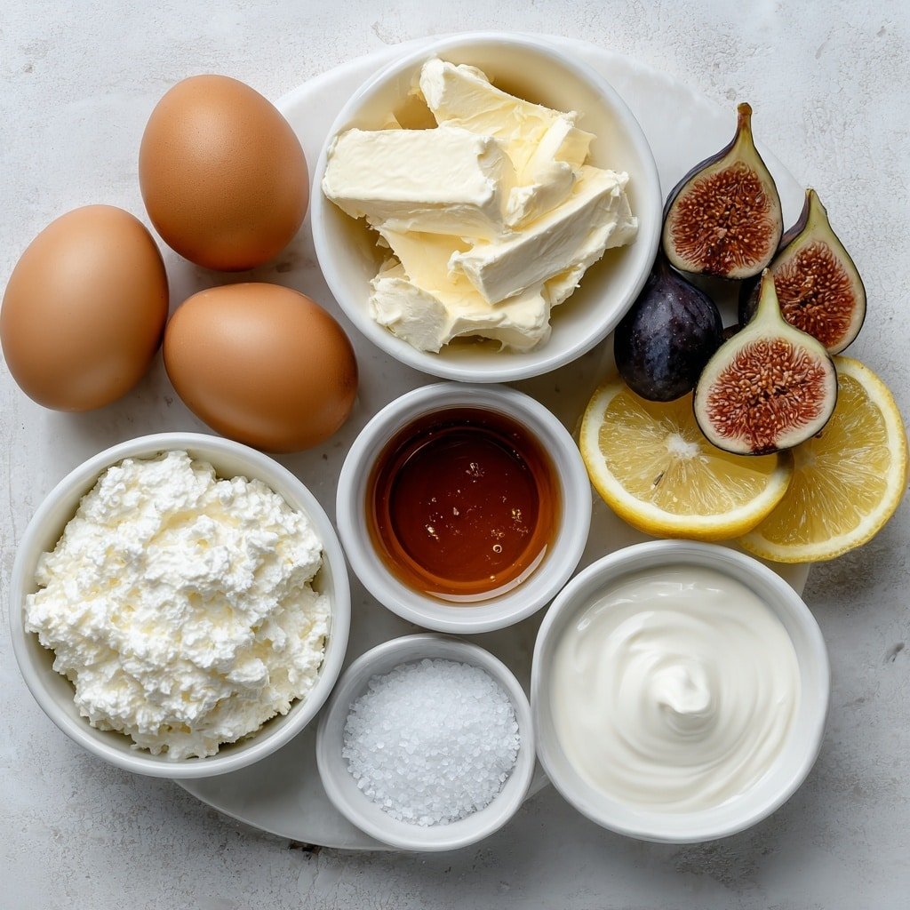 Flat lay of two whole uncracked brown eggs, a small white bowl of dark amber honey, a small white bowl of pale unsalted butter, a cluster of fresh plump mission figs with deep purple skins, a small white bowl of creamy whole milk ricotta cheese, a small white bowl of thick heavy cream, a small white bowl of granulated white sugar, a small white bowl with fresh lemon slices and a drizzle of lemon juice, and a small pinch of coarse sea salt sprinkled nearby, all arranged in perfect symmetry on a simple white ceramic surface, placed on a clean white marble surface, soft natural light, photo taken with an iPhone, professional food photography style, fresh ingredients, white ceramic bowls, no bottles, no duplicates, no utensils, no packaging --ar 1:1 --v 7 --p m7354639359234015250 — Honey-Drizzled Fig Ricotta Ice Cream, fig ricotta ice cream, honey dessert recipes, roasted fig ice cream, easy gourmet ice cream