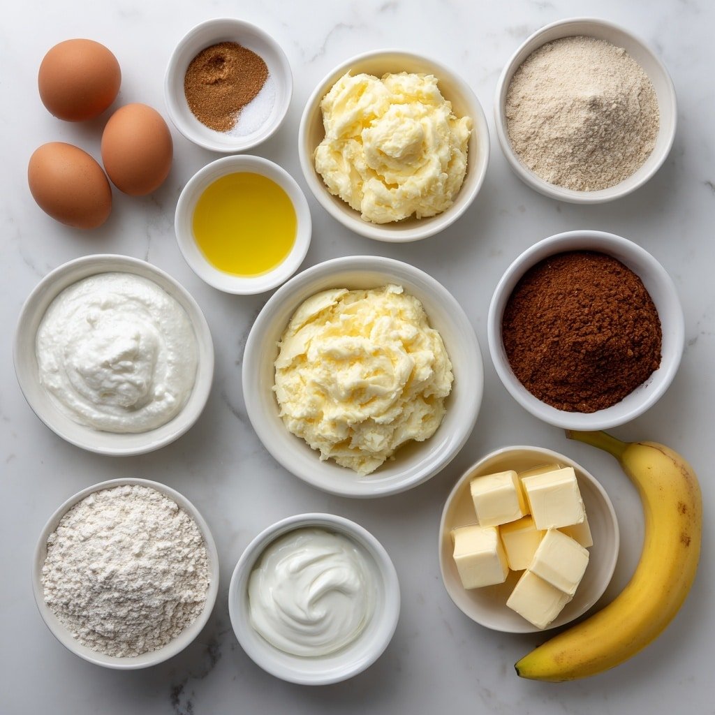 Flat lay of two whole uncracked brown eggs, a small white bowl of mashed ripe bananas, a small white bowl of granulated sugar, a small white bowl of golden oil, a small white bowl of thick Greek yogurt, a small white bowl of whole wheat flour, a small white bowl of cornstarch, a small white bowl of ground cinnamon, a small white bowl of baking powder, a small white bowl of fine salt, a small white bowl of brown sugar, a small white bowl of cold butter cubes arranged neatly, all placed in perfect symmetry and balanced proportions on simple white ceramic bowls and plates, placed on a clean white marble surface, soft natural light, photo taken with an iPhone, professional food photography style, fresh ingredients, white ceramic bowls, no bottles, no duplicates, no utensils, no packaging --ar 1:1 --v 7 --p m7354639359234015250 — Whole Wheat Banana Cinnamon Bread, healthy banana bread with cinnamon, moist whole wheat banana loaf, easy banana cinnamon bread recipe, wholesome banana bread
