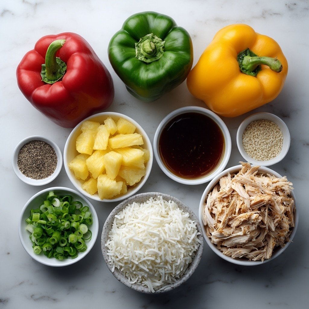 Teriyaki Pineapple Chicken Stuffed Peppers Recipe - Ingredients Image — Teriyaki Pineapple Chicken Stuffed Peppers, stuffed peppers with chicken and pineapple, easy teriyaki chicken stuffed peppers, healthy stuffed pepper recipes, flavorful stuffed peppers