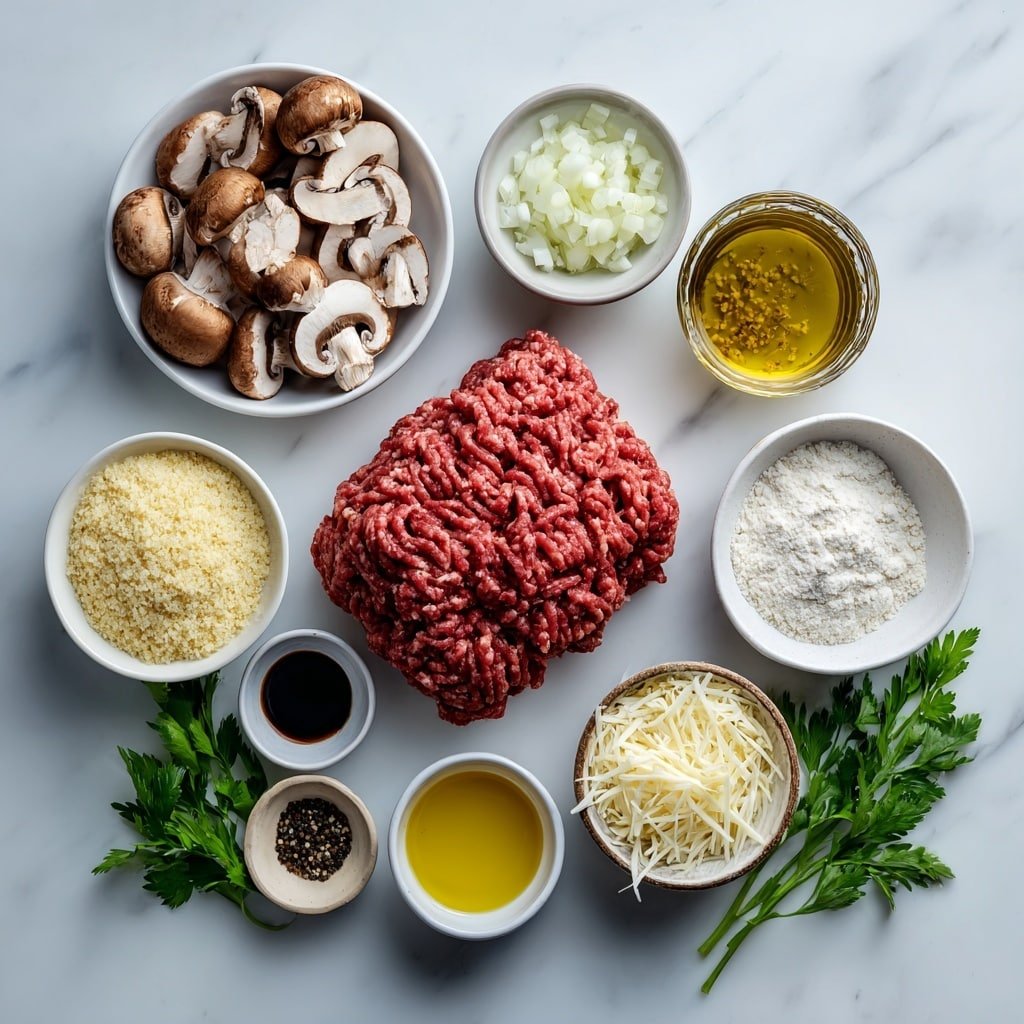 Beef Salisbury Steak with Mushroom Gravy Recipe - Ingredients Image — Beef Salisbury Steak with Mushroom Gravy, Salisbury Steak recipe, Homemade Salisbury Steak with Mushrooms, Comforting Beef Patties, Easy Mushroom Gravy Dinner
