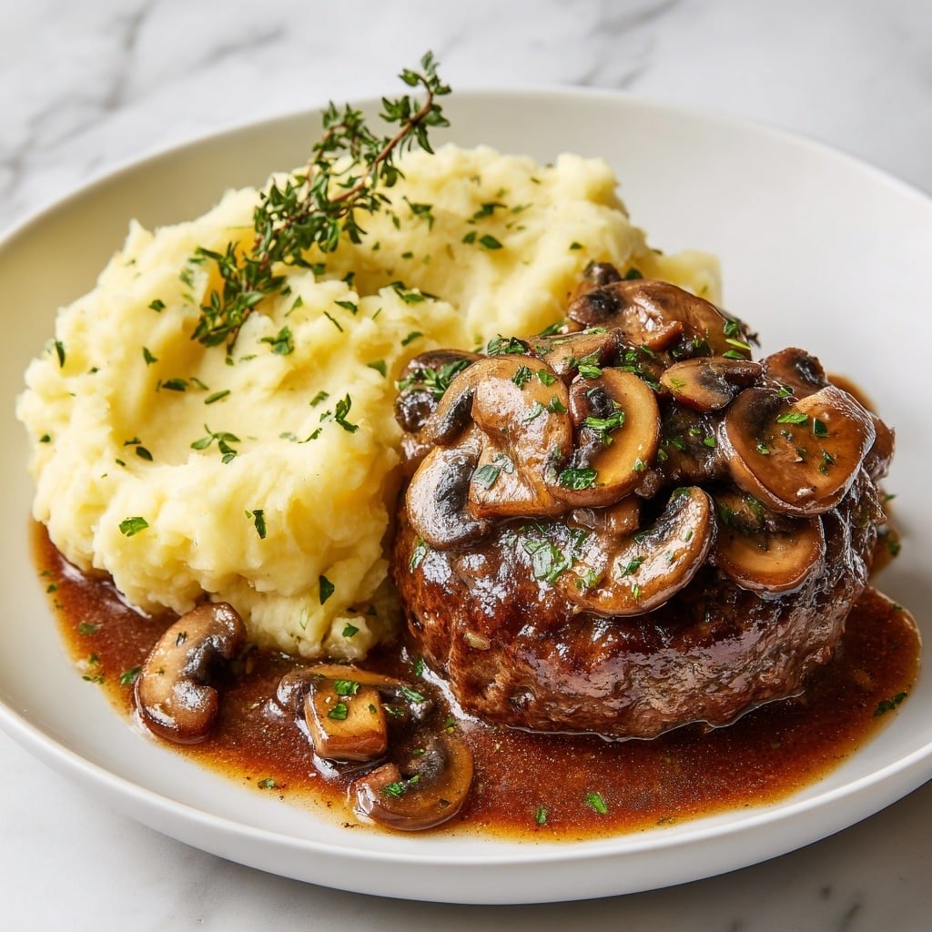 Beef Salisbury Steak with Mushroom Gravy Recipe - Article Image 1 — Beef Salisbury Steak with Mushroom Gravy, Salisbury Steak recipe, Homemade Salisbury Steak with Mushrooms, Comforting Beef Patties, Easy Mushroom Gravy Dinner
