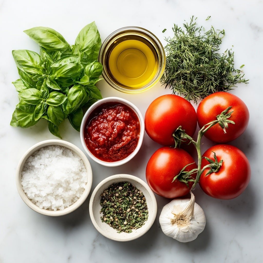 Flat lay of ripe whole red tomatoes, a small white bowl of golden extra virgin olive oil, a small white bowl with deep red grape vinegar, a few slices of finely chopped red onion arranged naturally, one whole uncracked garlic clove, small piles of fresh chopped basil leaves, parsley leaves, and dill sprigs, a small mound of coarse salt crystals, and a small pile of freshly ground black pepper all placed with perfect symmetry on simple white ceramic dishes placed on a clean white marble surface, soft natural light, photo taken with an iPhone, professional food photography style, fresh ingredients, white ceramic bowls, no bottles, no duplicates, no utensils, no packaging --ar 1:1 --v 7 --p m7354639359234015250 — Marinated Tomato Salad with Herbs, healthy tomato salad, easy summer salad, fresh herb tomato salad, flavorful tomato side dish