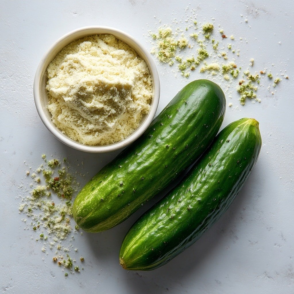 Flat lay of a whole English cucumber with bright green skin, a small white ceramic bowl filled with creamy white ranch seasoning powder, placed on a clean white marble surface, soft natural light, photo taken with an iPhone, professional food photography style, fresh ingredients, white ceramic bowls, no bottles, no duplicates, no utensils, no packaging --ar 1:1 --v 7 --p m7354639359234015250 — Crunchy Ranch Cucumber Chips, healthy cucumber snack, homemade vegetable chips, easy cucumber chip recipe, savory cucumber snack