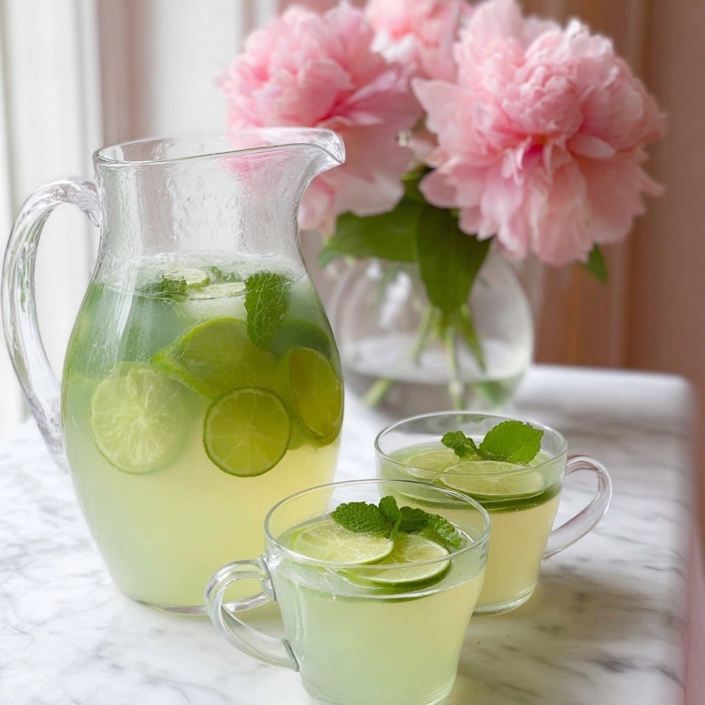 A clear glass jug filled with a light green lemonade drink showing three layers of thin lime slices and fresh green mint leaves floating inside. The lime slices are bright green with visible pulp textures, layered near the middle and bottom parts of the jug. Tiny bubbles cling to the lime slices and mint leaves, giving a fizzy look. The jug has a clear handle on its right side and sits on a white marbled surface. In the blurred background, a soft pink flower adds a gentle touch of color. Photo taken with an iphone --ar 1:1 --v 7 — Sparkling Lime Mint Punch, Lime Mint Punch, Mint Party Drink, Refreshing Citrus Punch, Easy Summer Beverage