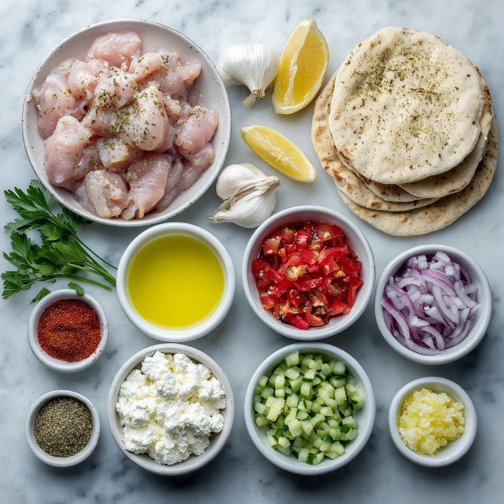 Flat lay of a small pile of fresh raw chicken breast chunks, two whole garlic cloves with smooth white skins, a small white bowl of golden olive oil, a small white bowl of bright yellow lemon juice, a small white bowl of dried oregano leaves, a small white bowl of red paprika powder, a small white bowl of coarse salt, a small white bowl of cracked black pepper, a small white bowl of red pepper flakes, a small white bowl of diced green cucumbers, a small white bowl of diced red tomatoes, a small white bowl of diced yellow and red bell peppers, a small white bowl of finely chopped red onion, a few sprigs of fresh green parsley, a small white bowl filled with crumbled white feta cheese, a small white bowl of creamy white tzatziki sauce, and a neat stack of eight round plain pita breads, all arranged symmetrically on a white ceramic surface placed on a clean white marble surface, soft natural light, photo taken with an iPhone, professional food photography style, fresh ingredients, white ceramic bowls, no bottles, no duplicates, no utensils, no packaging --ar 1:1 --v 7 --p m7354639359234015250 — Grilled Mediterranean Chicken Tacos, Mediterranean chicken tacos, grilled chicken tacos, flavorful chicken tacos, easy taco recipes